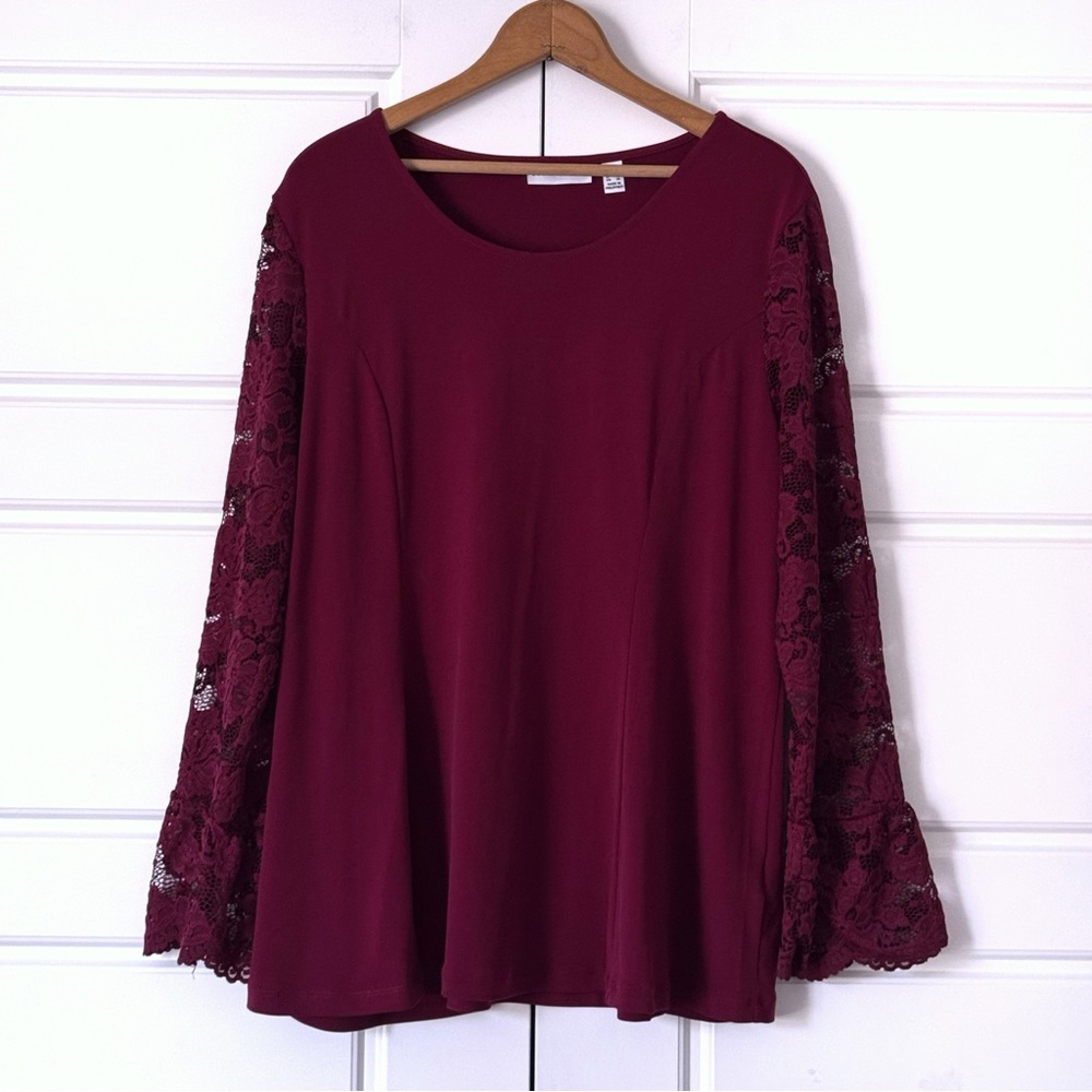 Susan Graver Liquid Knit Top Large Burgundy Floral Lace Bell Sleeve Dark Fairy